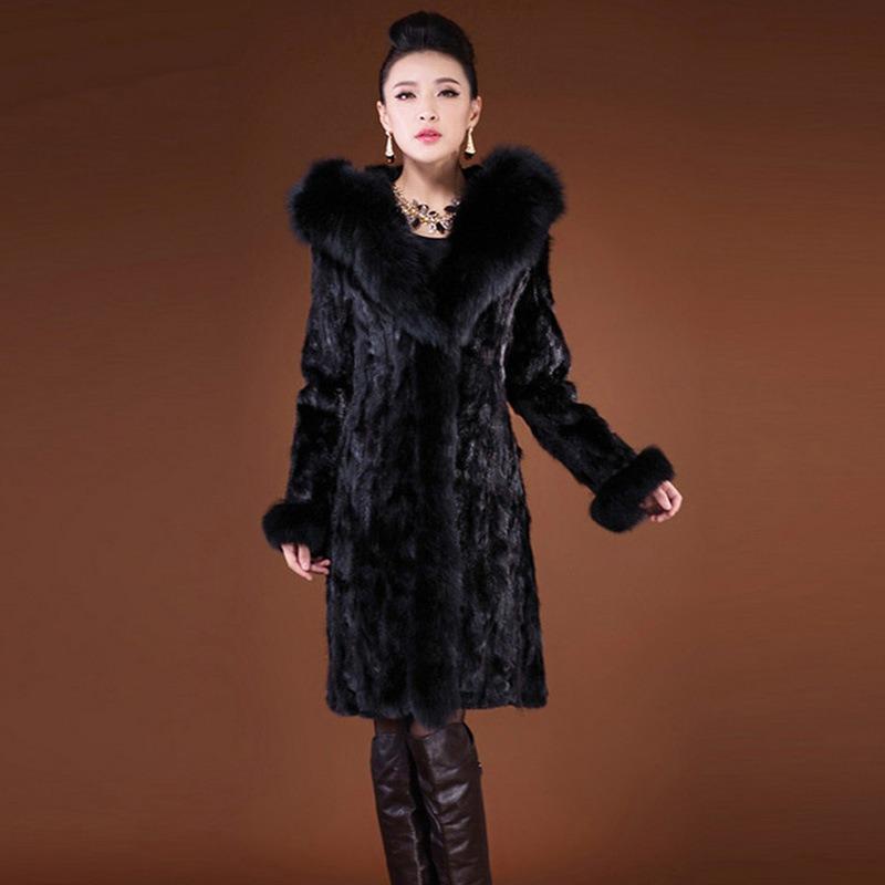 autumn and winter new imitation mink coat, black women's long imitation fox hair hooded casual warm coat