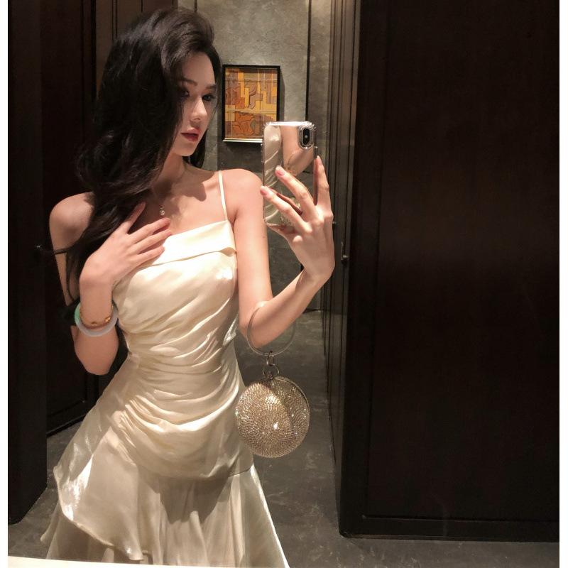Real Shot Niche Light Luxury High-end Suspender Dress Adult Ceremony Fishtail Birthday Party Dress Ruffle Leaf Edge Long Skirt
