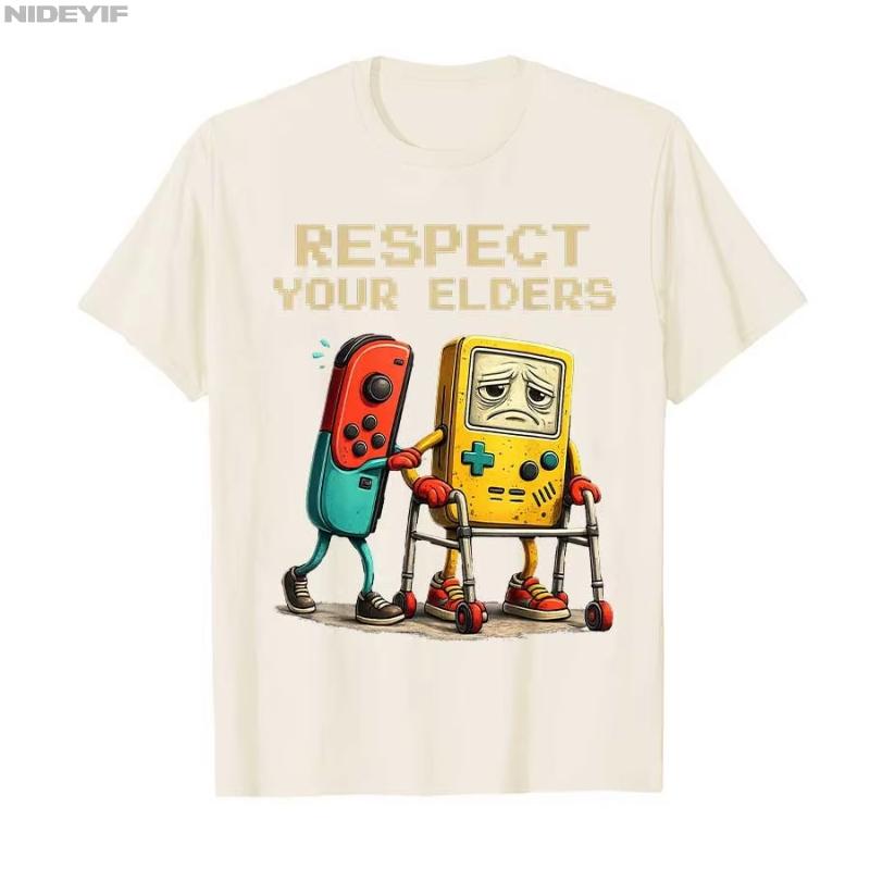 Cotton T Shirts Short Sleeve Tops Respect Your Elders Gaming Control Retro Funny 80s 90s Gamer Tshirt For Unisex Women