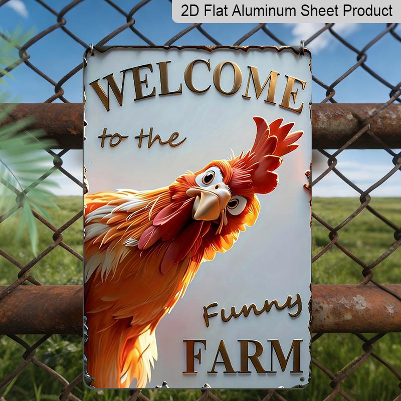 

2D Flat - 1pc Holiday Plaque | Wall Mount Welcome To The Funny Farm Cheerful Vibrant Playful Cartoon Chicken Peeking Around Fence Aluminum Signs Wall 20*30cm