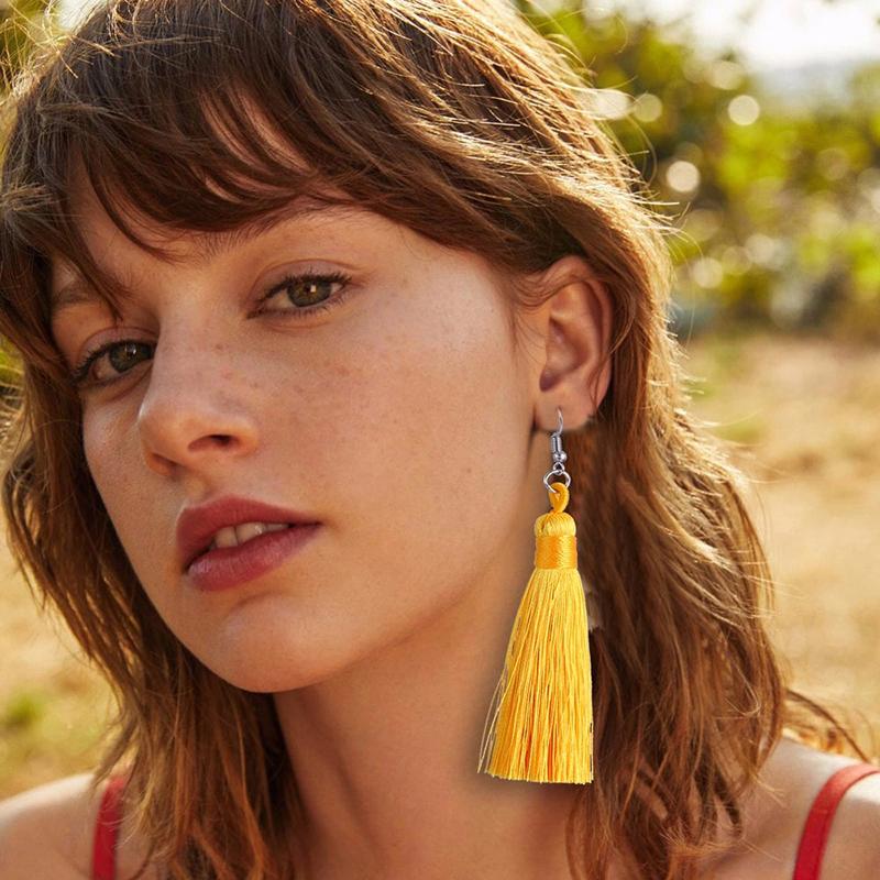 Women Tassel Earrings Bohemian Cotton Thread Cords Brush Drop Dangle Earrings Handmade Silk Fabric Long Hanging Earrings Zircon