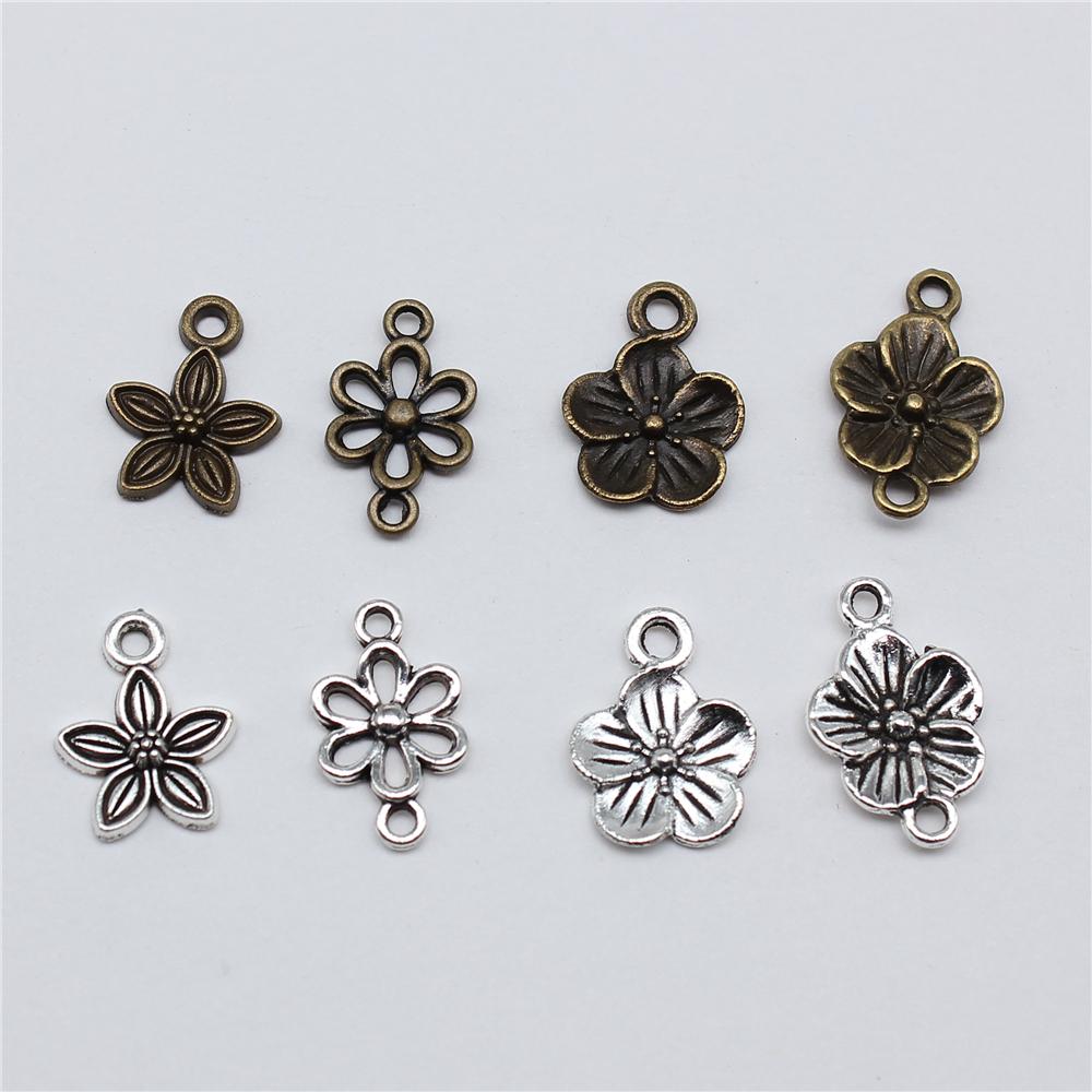 40pcs Charms Connector Flower Antique Bronze Silver Color Pendants DIY Crafts Making Findings Handmade Tibetan Jewelry