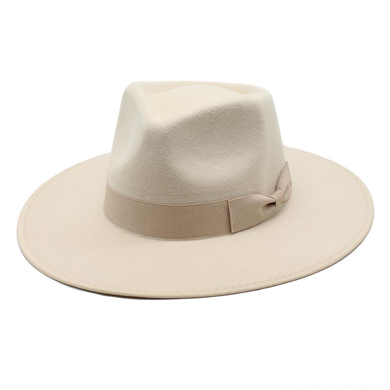 Wool, Beige Hemmed Big-Brimmed Jazz Top Hat, Men'S And Women'S Bows, Water Drop Top Jazz Hat, Felt Hat.