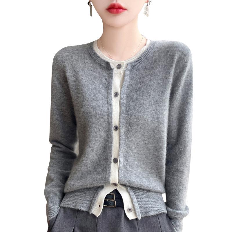 Autumn/Winter Color Block Wool Faux Two-Piece Korean Style Loose Cardigan for Women