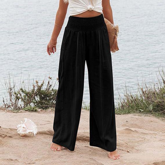 2025 Spring/Summer Women's Solid Color Elastic Waist Wide-Leg Casual Pants