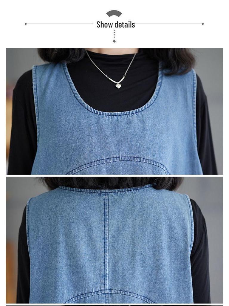 Plus Size Sleeveless Denim Vest Dress - Sweet, Casual, Blue Long Dress for Women