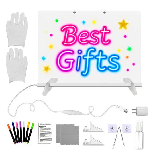 Kids LED Drawing Board with Stand Markers Wipe Cloth USB Charging Light-up Acrylic Dry Erase Board Office School Home Glow Doodle Note Board
