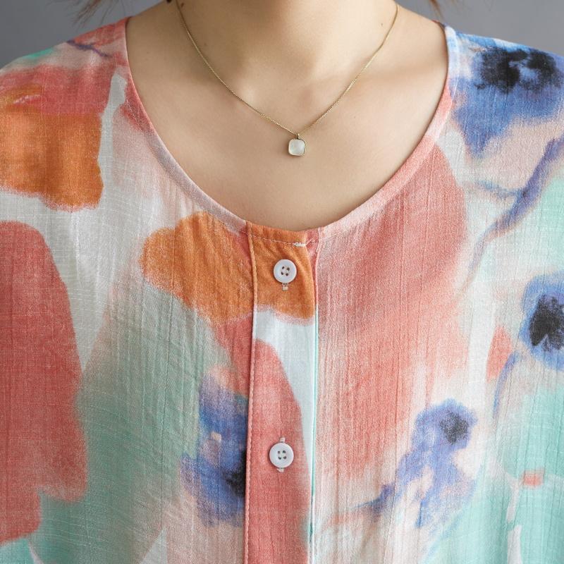 Dimanaf 2025 Letní košile nadměrné velikosti Nová halenka Dámská Knoflíky Dlouhý rukáv Volná Potisk Dámské topy