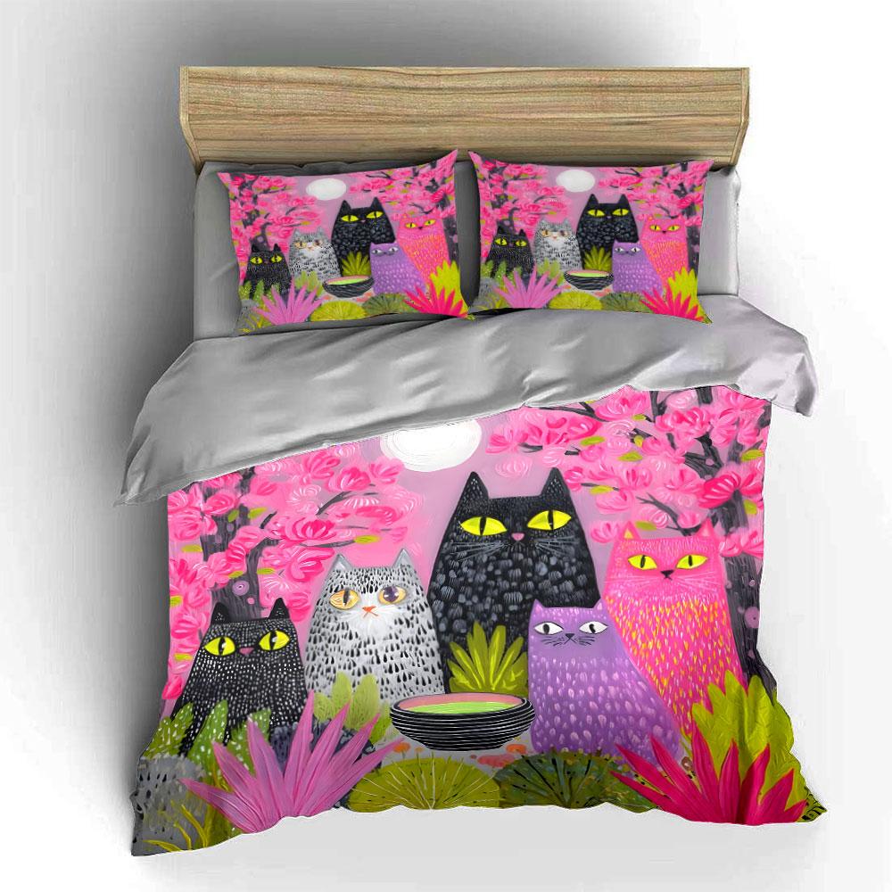 Whimsical moonlit feline garden. Bedding sets Duvet covers Pillowcases(1* Duvet Cover 2* Pillowcases without duvet insert)