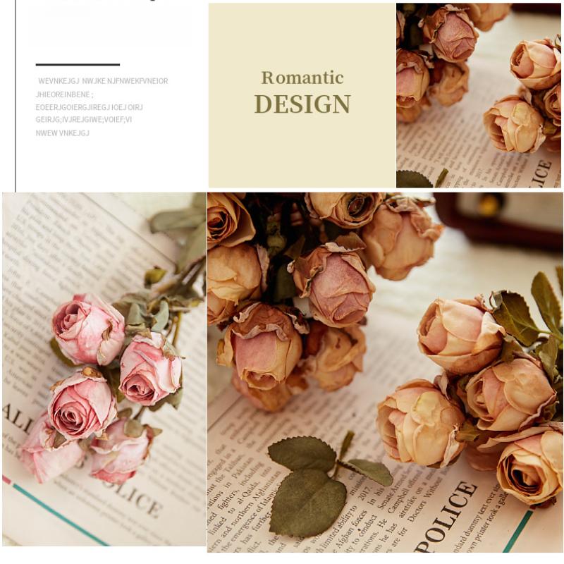 Simulated Flower Burnt Edge 5 Head Rose Withered Rose, Fake Flower Living Room Home Decoration Roasted Edge Rose Artificial Silk Flower Set of 3