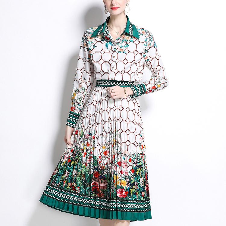 Spring Summer Designer Print Runway 2 Piece Set Women's Lapel Shirt Tops And Pleated Skirt Office Party Outfits
