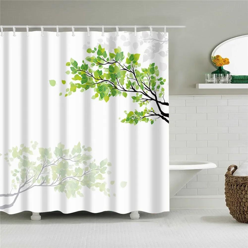 Plant Leaves Bathroom Shower Curtains Waterproof Hooks Hanging Curtain Bath Screen Decor Flowers Tree Print Shower Curtain.
