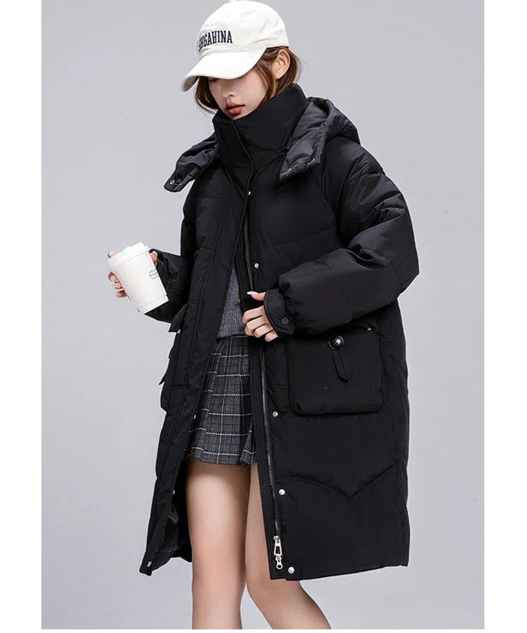 Women's Autumn and Winter Coat Solid Color Stand Collar Hooded Loose Thickened Windproof Mid-length Women's Jacket
