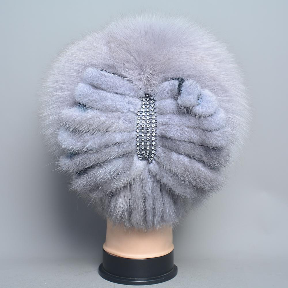 New Women Knitted Mink Fur Hats For Winter Hot Sale Luxury Lady Real Mink Fur Warm Caps Fashion Bowknot Fur Bonnets