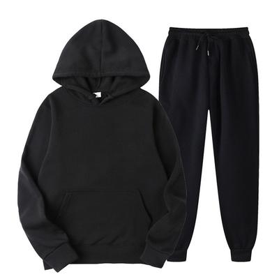 Men's Solid Color Hooded Pullover Sets Autumn Winter Fleece Hoodie Two Piece Suit Plus Size Men's Sportswear Pant Tracksuit