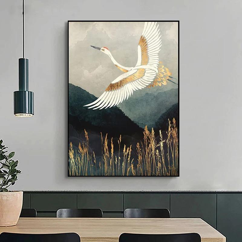 Retro Golden Flying Crane Abstraktes Tier Vogel Poster Drucke Chinesischer Stil Leinwand Malerei Wandkunst Bild Wohnzimmer Dekor