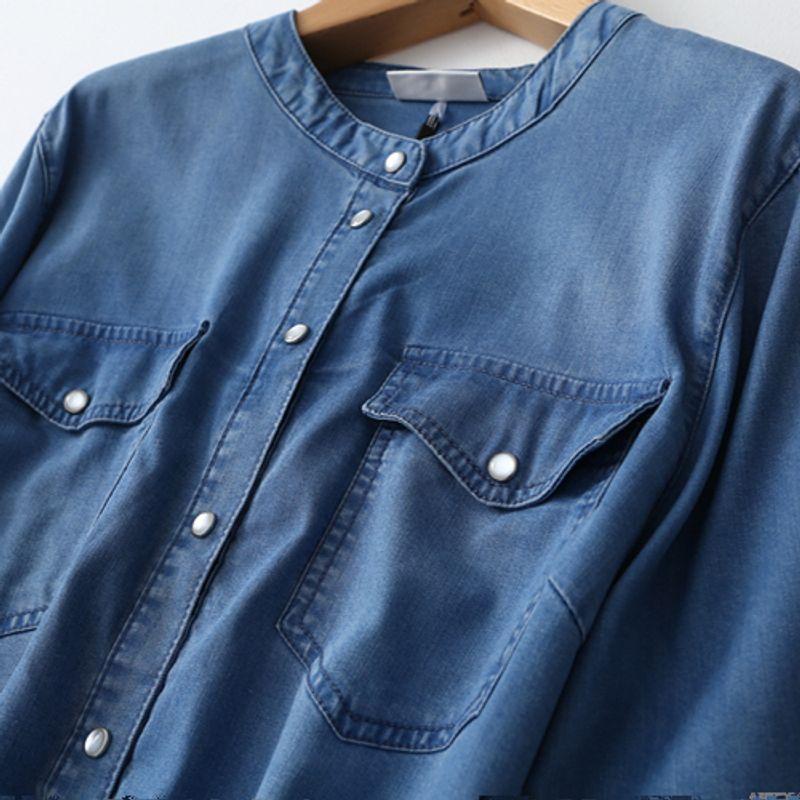 Export Export Retro Washed Denim Short-Sleeved Shirt Dress Female Loose Slim Looking Multi-Pocket Shoelace Tencel Dress