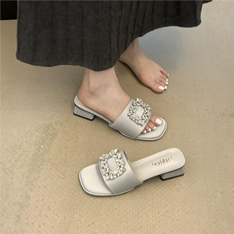 Beautiful Thick Heel Rhinestone Square Buckle Open-toed Slippers Temperament One-word Slippers Women Wear Sandals Versatile Sandals In Summer Women