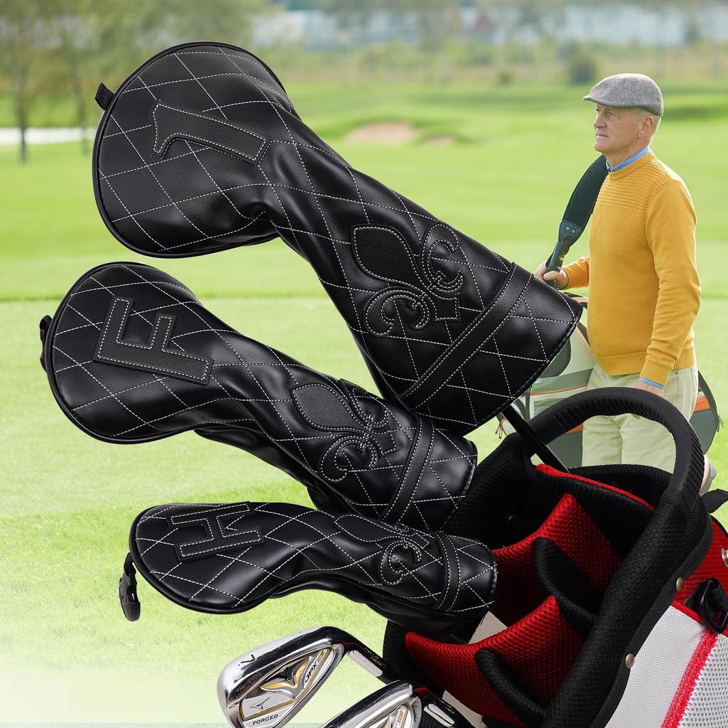 Golf Träkåpor Set om 3 för Fairway och Utility Klubbhuvudskydd Svart Syntetiskt Läder Ichihatsu (1FH) Driver, Trä,