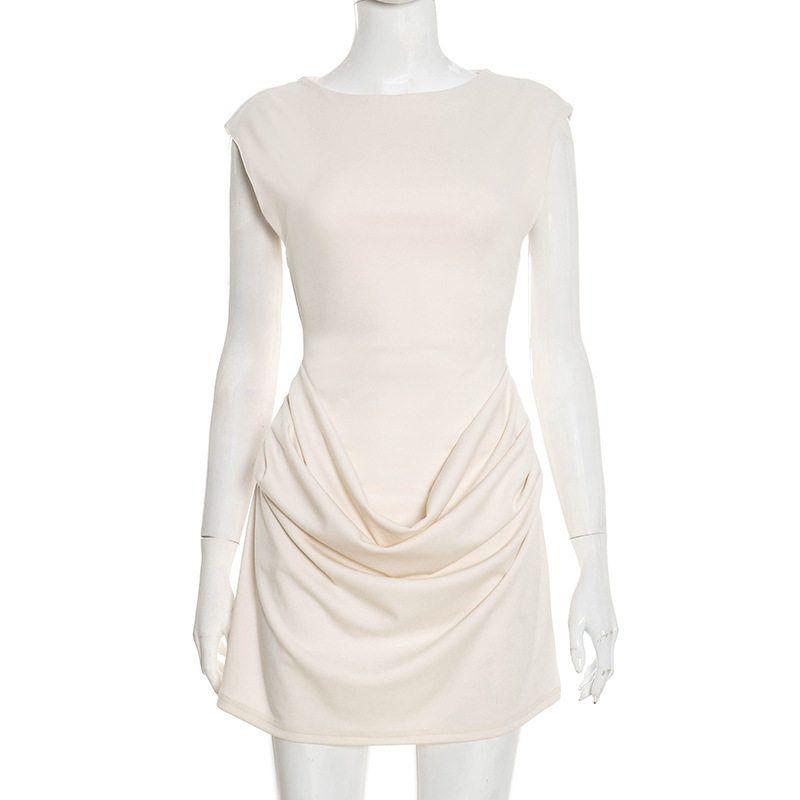 

European and American Style Cross-Border Women s Clothing Autumn and Winter New Amazon Model Outstanding Off-Shoulder Sleeveless Pleated Dress Apricot color S
