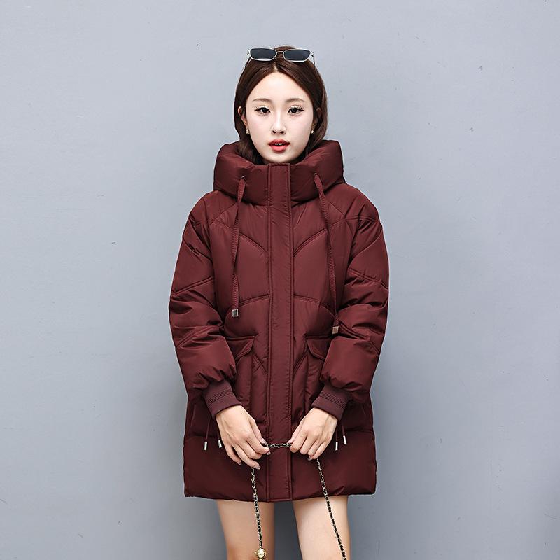 2025 new down cotton jacket mid-length thickened hooded padded jacket Korean version loose cotton jacket winter warm jacket for women