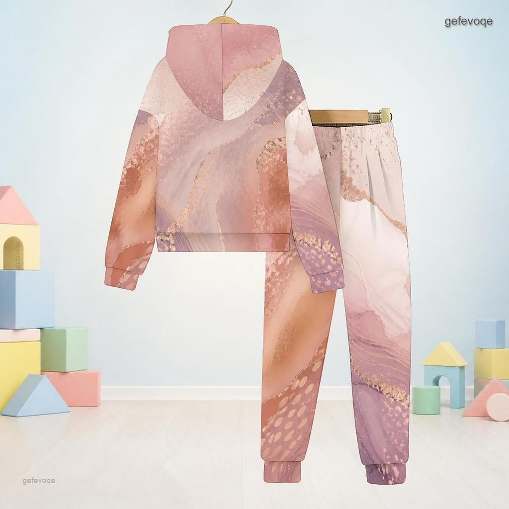 Kids Boys Girls Marble Printed Hooded Two Piece Set Long Sleeve Sweatshirt And Cuffed Pants Blue Black Gold
