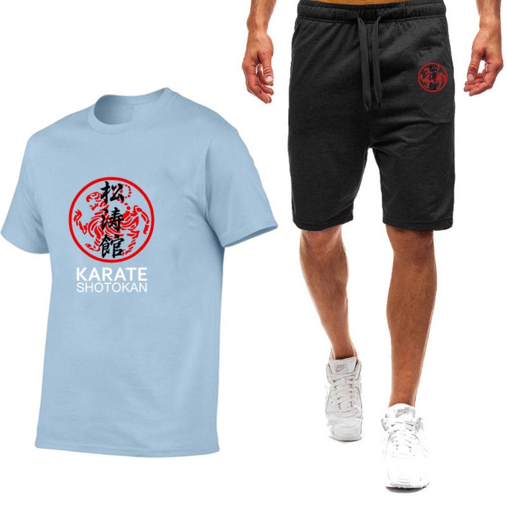

Summer Men s Karate Logo Quick Drying Breathable Printed Short Sleeved Shirt+casual Sports Pants Slim Fit Cotton Set XXL
