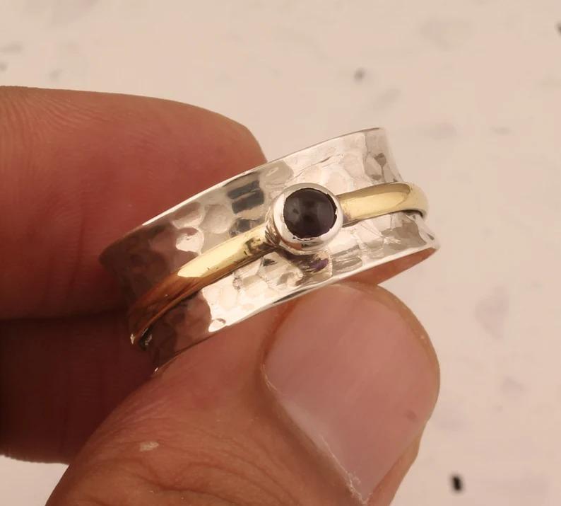 Black Onyx Spinner Band Ring, Two Tone Ring, Meditation Ring, Thumb Ring, Silver Jewelry, Designer Ring, Spinner Ring, Unisex Jewelry