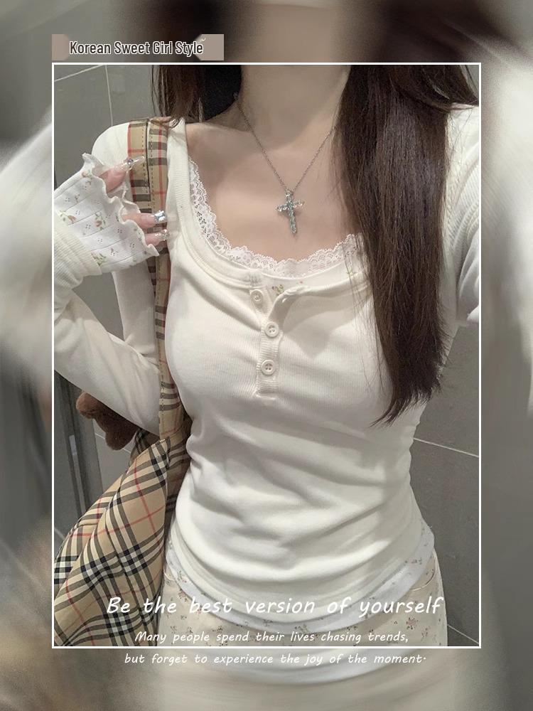 Korean Style Autumn Floral Lace Color-Block Button Shirt: Women's Long Sleeve Two-Piece T-shirt