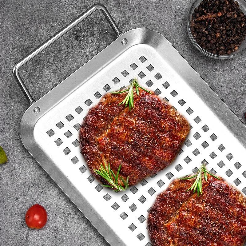 Outdoor Barbecue Non Stick Baking Tray Stainless Steel Rectangular Vegetable Baking Tray with Holes and Leaking Square Plate