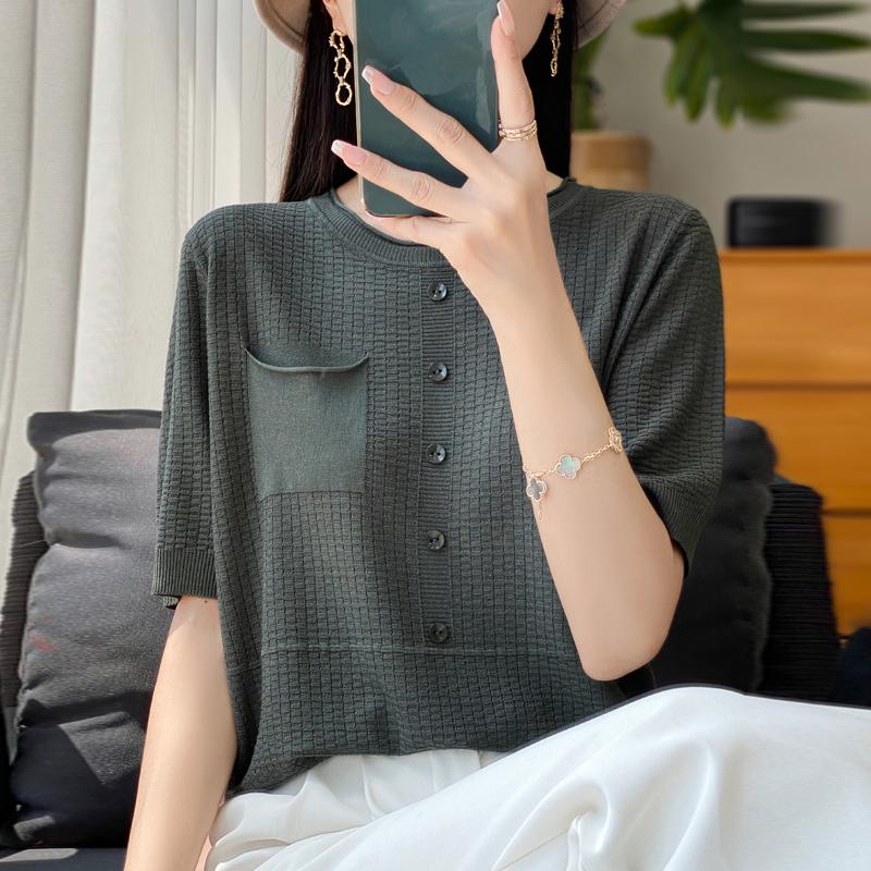 Women Knit T-shirt Summer Knitted Shirt Short Sleeve Tees O-neck Pullover Knit Tops Female