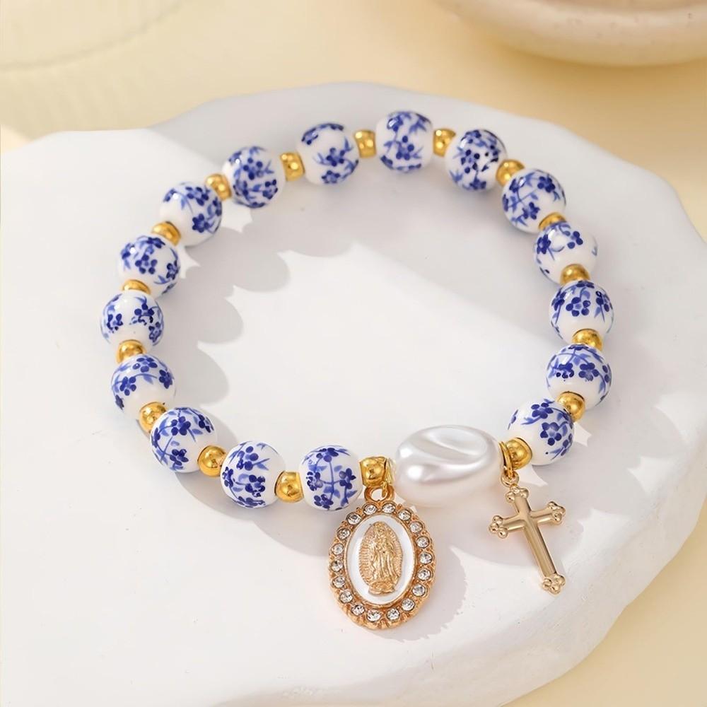 Chinese Style Blue and White Porcelain Bracelet Elastic Vintage Beaded Bow Bracelet Versatile Pretty Ceramic Bracelet for Women