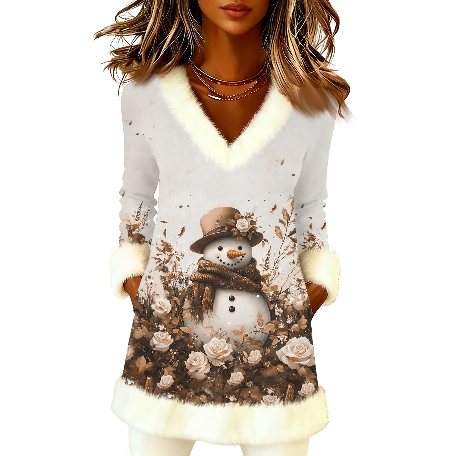 

Женский рождественский модный плюшевый пуловер с V-образным вырезом и принтом, с длинными рукавами XL