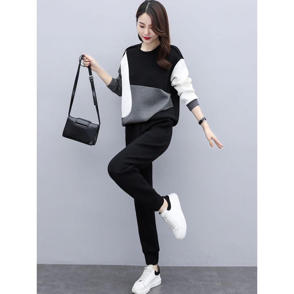 Plussstørrelse Elegant Aldersreduserende Fargeblokk Genserjakke Todelt Sett Dame Casual Sportsklær Ankomst Vår