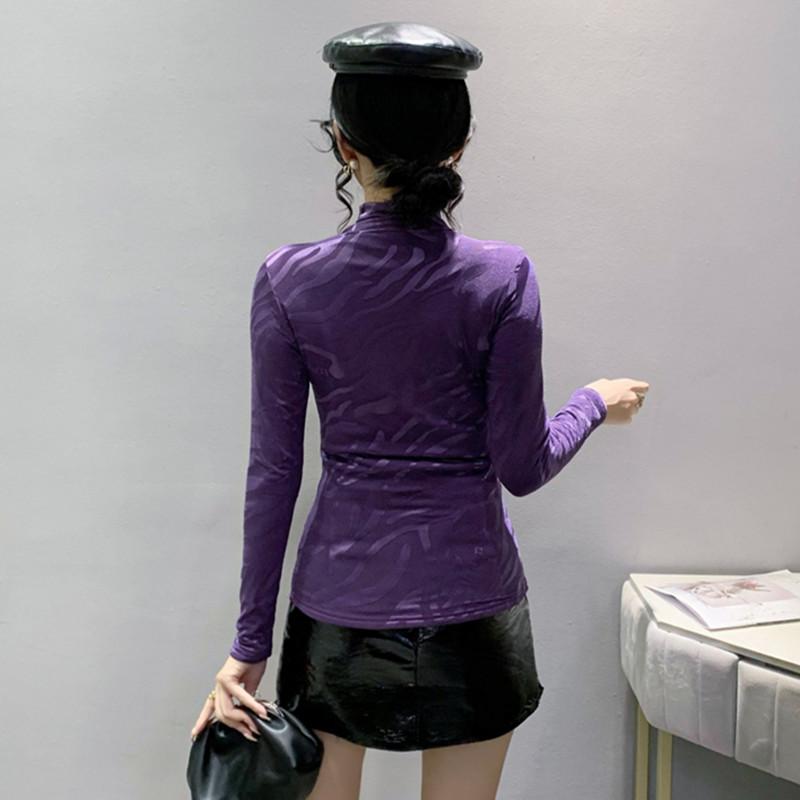 Spring Autumn Classic Women Turtleneck Long Sleeved T-Shirt Fashion Sexy Hot Diamonds Tees Elastic Slim Girl Tops Blouse