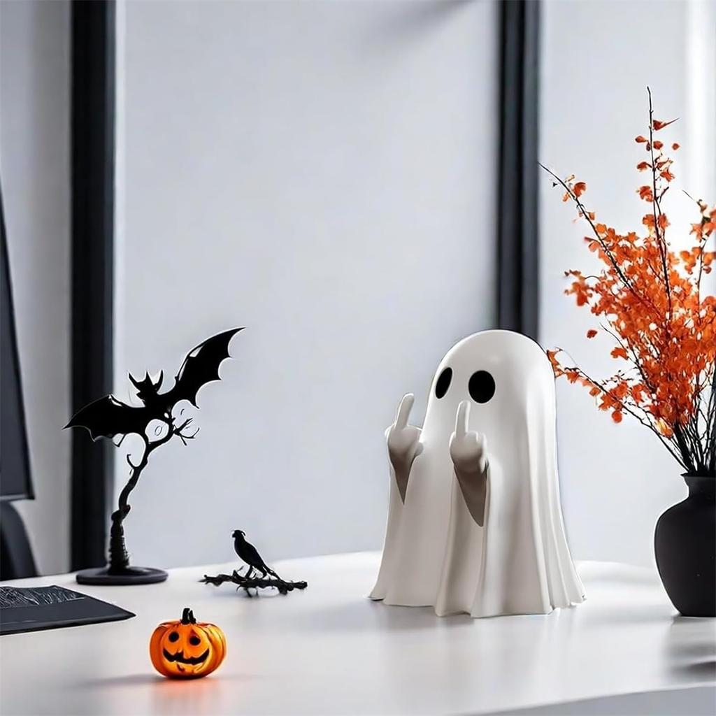 Halloween Ghost Figurine Middle Finger Small Scary Ghost Decor Spooky Resin Statue Coffee Table Centerpieces Display Ornaments