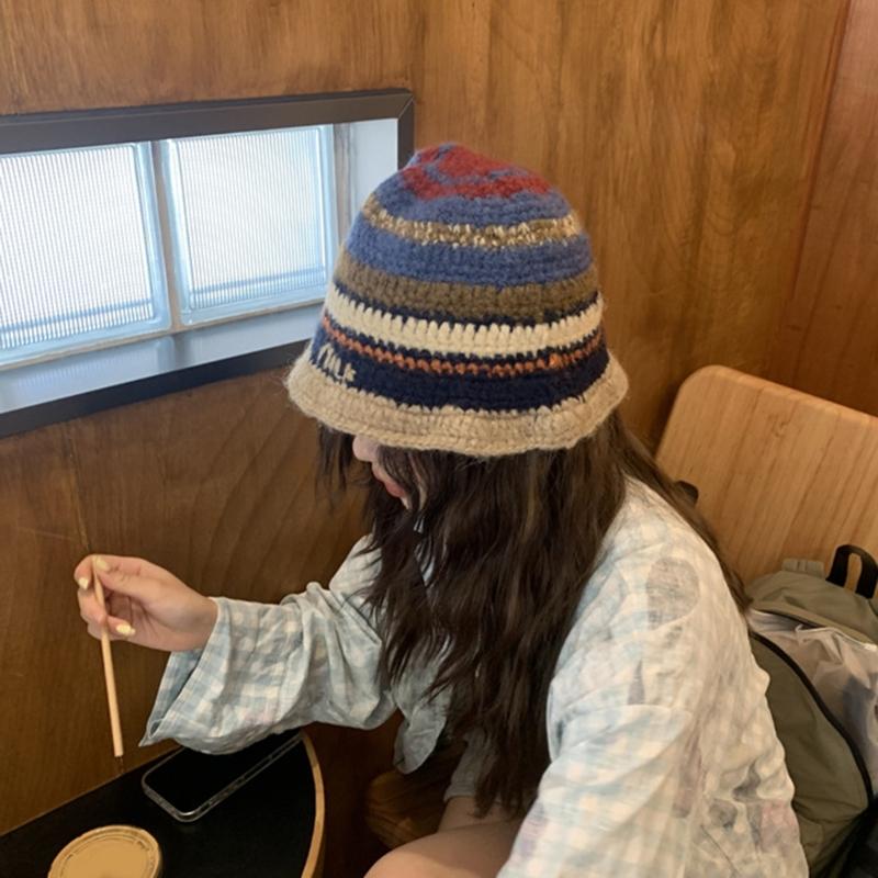 Popular Crochet Stripe Hat Knitting Fisherman Hat Handmade Knit Skull Hat Ins Style Beanies Hat Girls Casual Bucket Hat