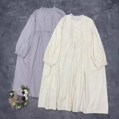 Japanische Frauen Wald Plissee Pilz Trim Kleid Herbst Spitze Retro Casual Lose Baumwolle Frauen Kleider