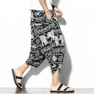 Harajuku Casual Wide Leg Harem Pants Men 2026 Summer Cotton Beach Baggy Pants Chinese Style Prinitng Calf Length Trousers
