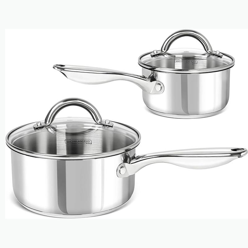 

MICHELANGELO Stainless Steel Sauce Pot Set with Steamer Sauce Pan with Triply Bottom&Pour Spout & Glass Lid Induction Compatible