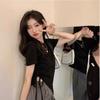 Irregular Drawstring Hem Short Fit Slim Fit T-shirt for Women, Split Short Sleeved Top, Solid Color