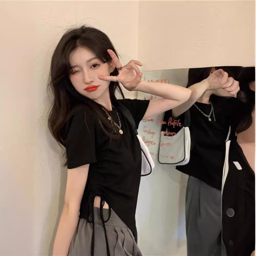 Irregular Drawstring Hem Short Fit Slim Fit T-shirt for Women, Split Short Sleeved Top, Solid Color