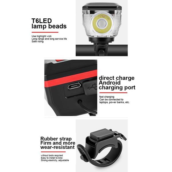 Lampă solară pentru bicicletă, reîncărcabilă prin USB, set de lumină și claxon pentru bicicletă, 3 moduri pentru echipamentul de călărit de noapte