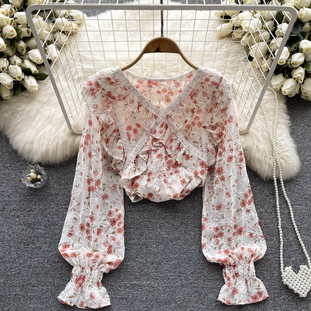 

Осенний свободный универсальный топ с длинными рукавами и французским милым дизайном в форме листьев лотоса и цветочным принтом с рукавами-трубами