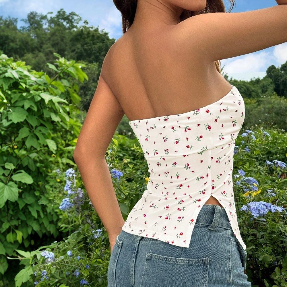 Frühlings- und Sommer Damen Süßer Wind Kurz Blümchen Gesmoktes T-Shirt