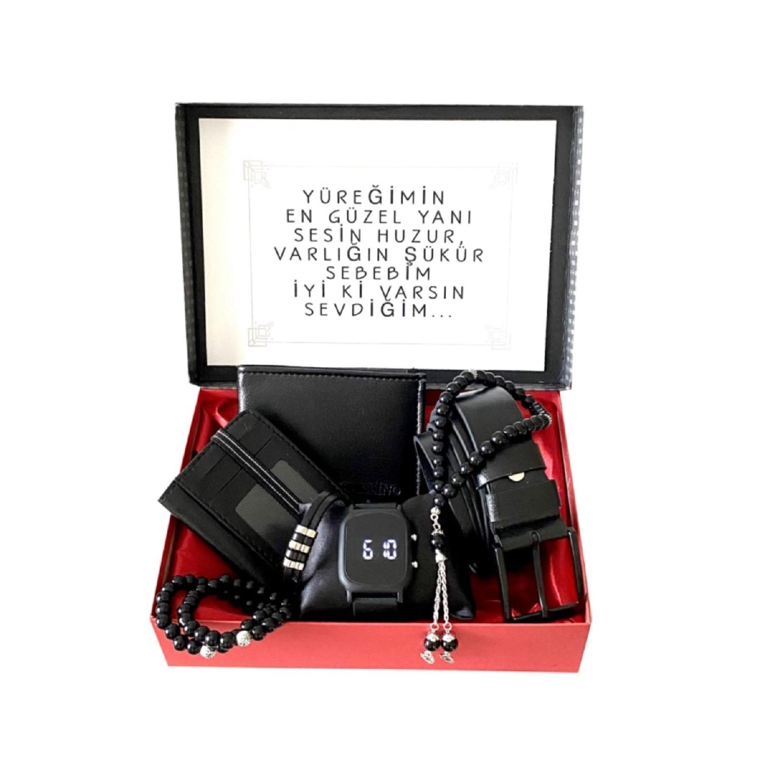

Gift Set Men s Black Belt-wallet-card Holder-wristwatch-lettered Prayer Beads-2 Bracelets M чёрный