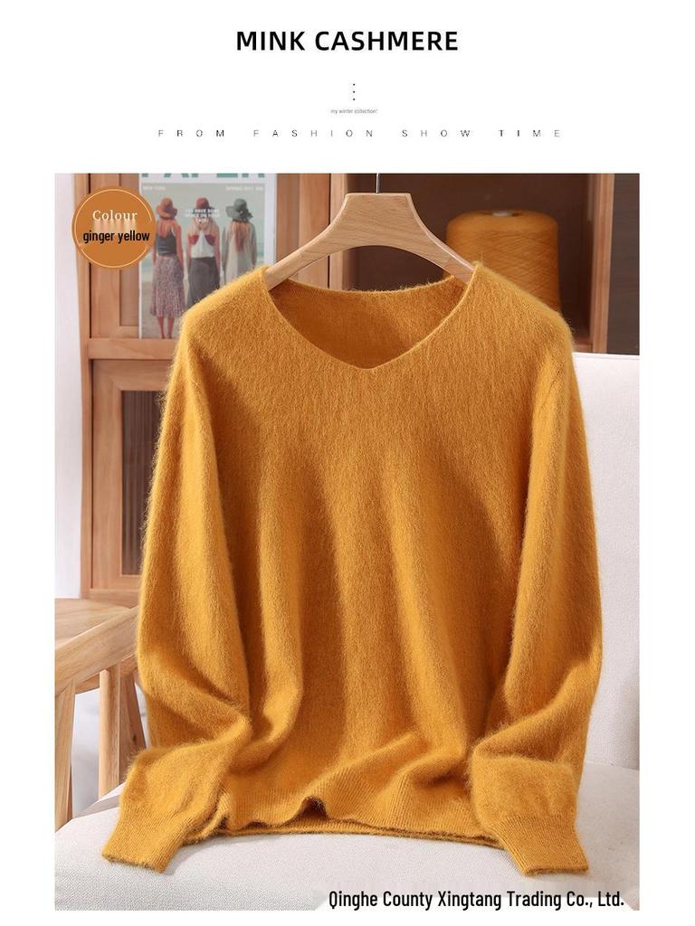 Damen Schlank geschnittener V-Ausschnitt Nerz Kaschmir Pullover, Große Größen, Herbst/Winter Pullover
