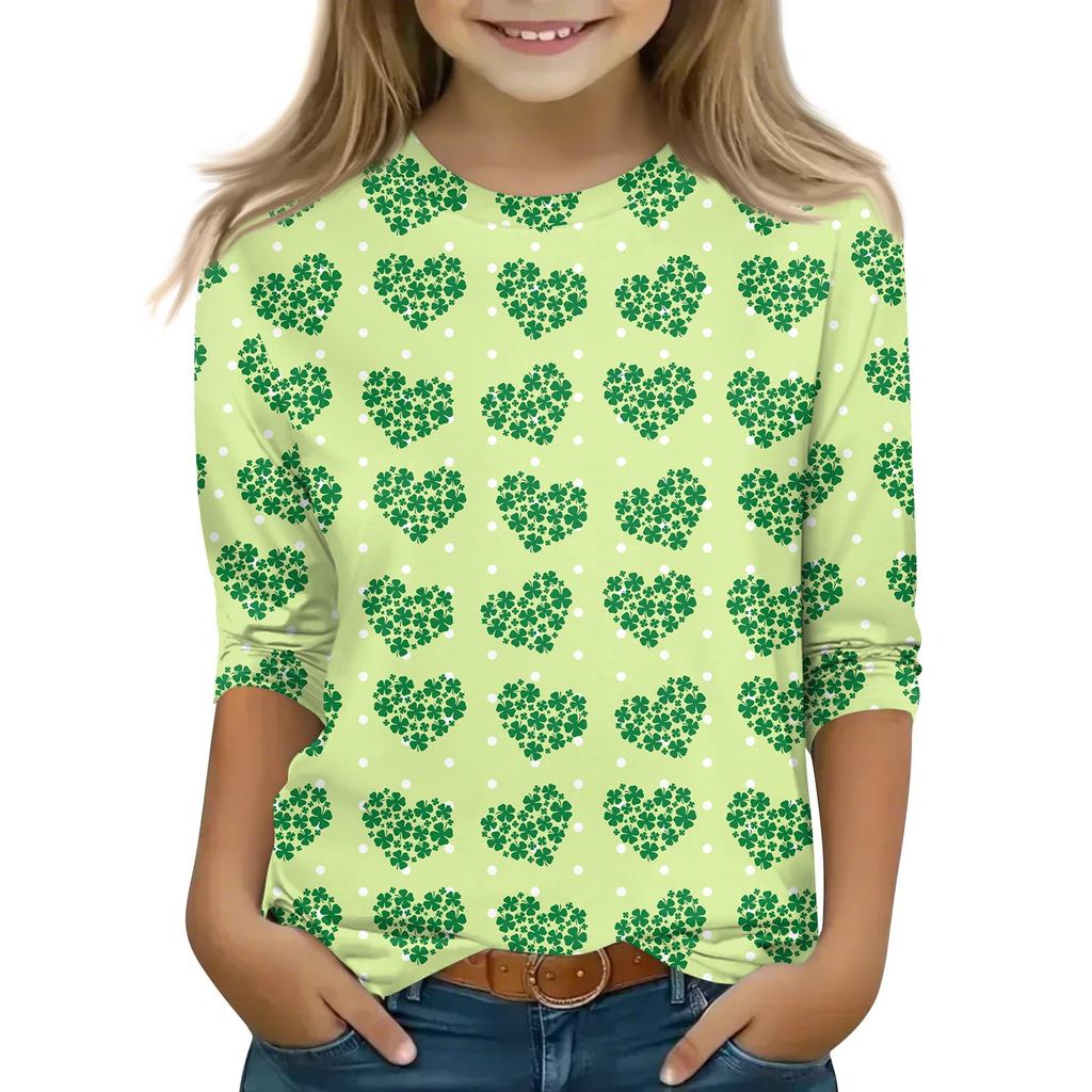 Bedruckte Oberteile für junge Mädchen von 5–16 Jahren, Rundhalsausschnitt, 3/4-Ärmel, T-Shirts, trendige Oberteile, Outfit-T-Shirts