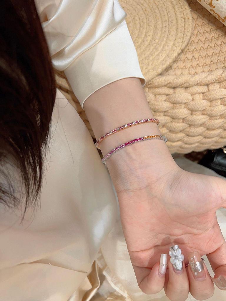 Gradient Pink Diamond 2mm Tennis Bracelet - High-End Light Luxury 925 Silver Starlight Design for Women