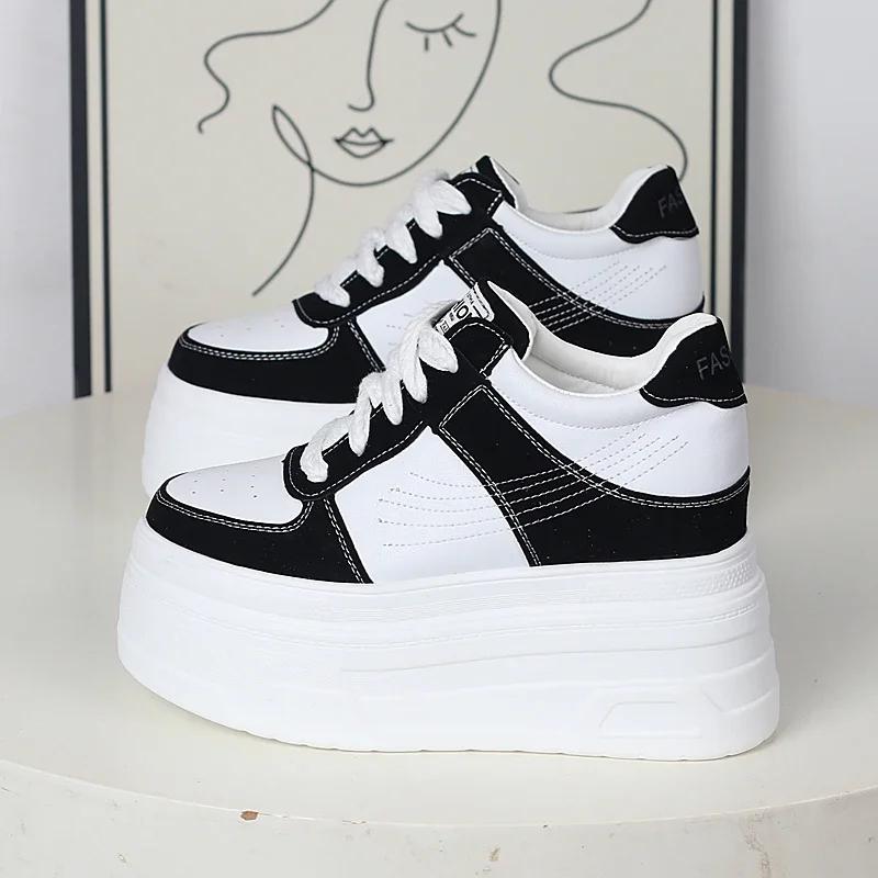 Fashion 12CM Synthetic Women Stable High Platform Chunky Sneakers Fashion Spring Autumn Vulcanize Cow Genuine Leather Lace Up Shoes